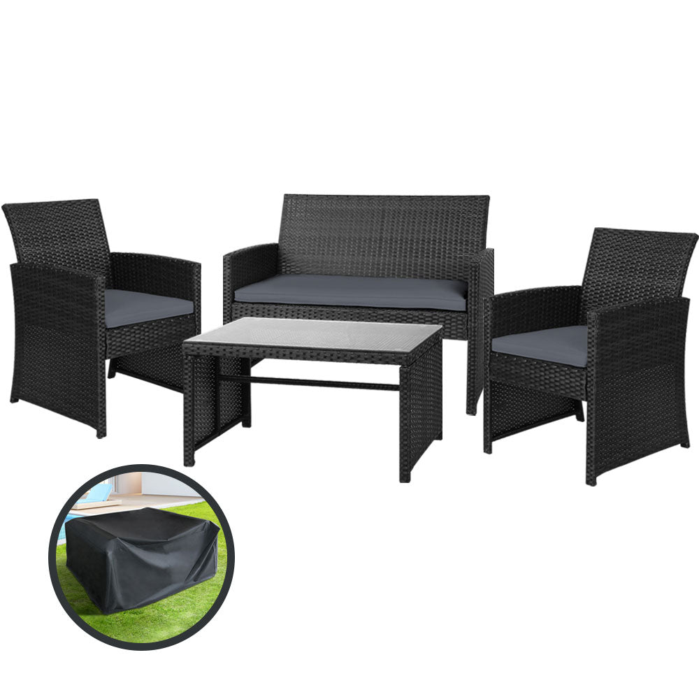 4 Piece Outdoor Wicker Sofa Set with Storage Cover - Black