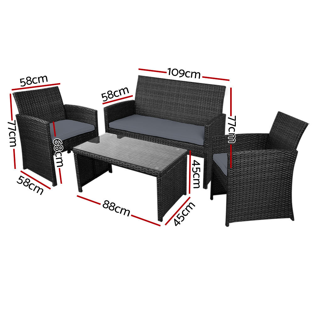 4 Piece Outdoor Wicker Sofa Set with Storage Cover - Black