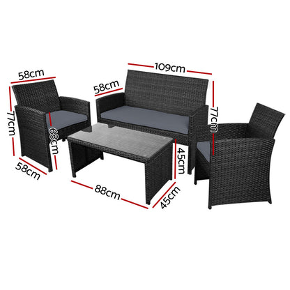 4 Piece Outdoor Wicker Sofa Set with Storage Cover - Black