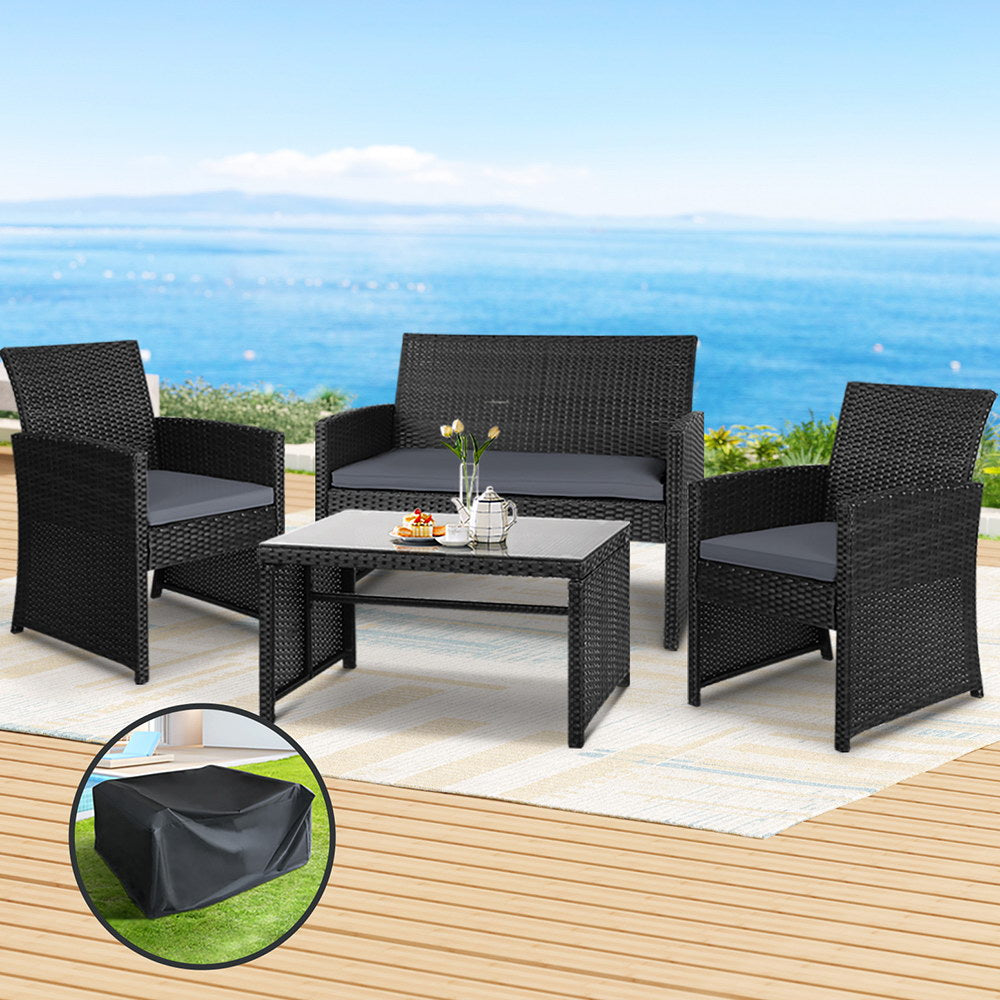 4 Piece Outdoor Wicker Sofa Set with Storage Cover - Black