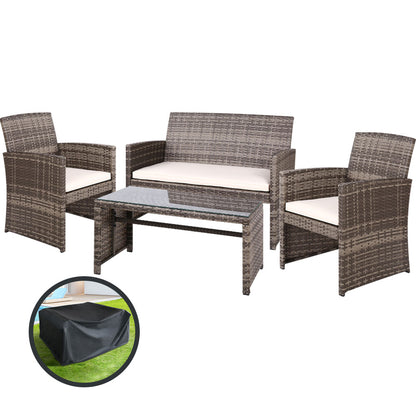 4 Piece Outdoor Wicker Sofa Set with Storage Cover - Grey