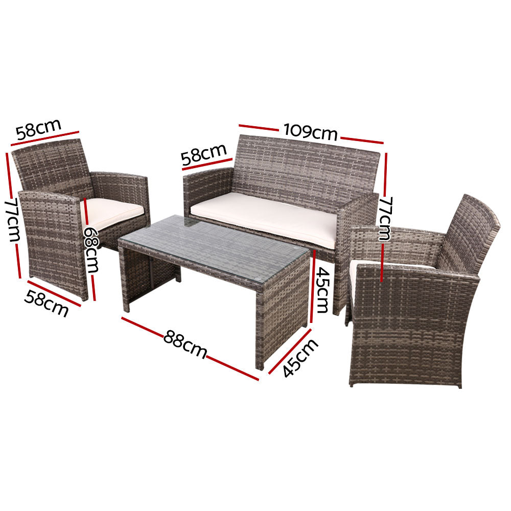 4 Piece Outdoor Wicker Sofa Set with Storage Cover - Grey