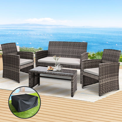 4 Piece Outdoor Wicker Sofa Set with Storage Cover - Grey