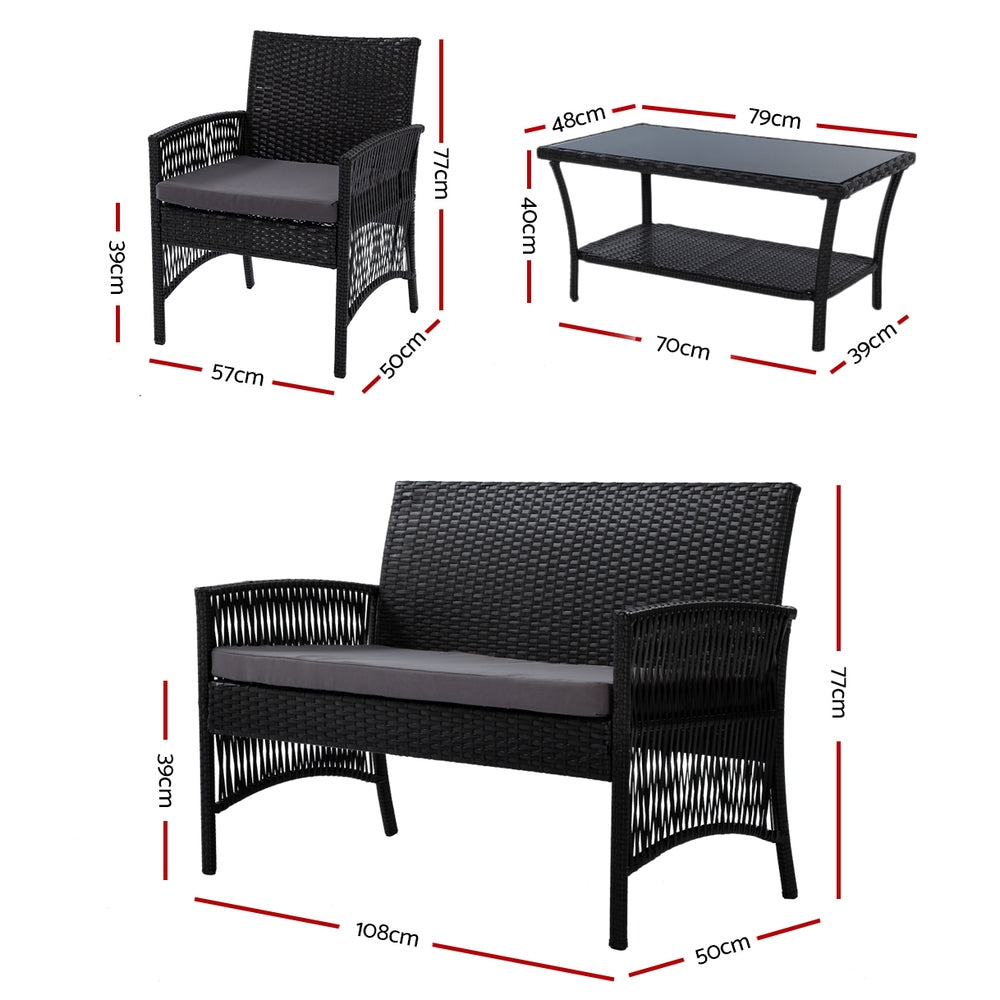 4PCS Harp Outdoor Sofa Set Wicker Chair Table - Black