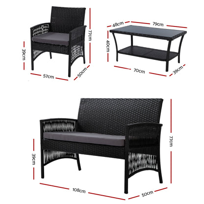 4PCS Harp Outdoor Sofa Set Wicker Chair Table - Black
