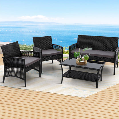 4PCS Harp Outdoor Sofa Set Wicker Chair Table - Black