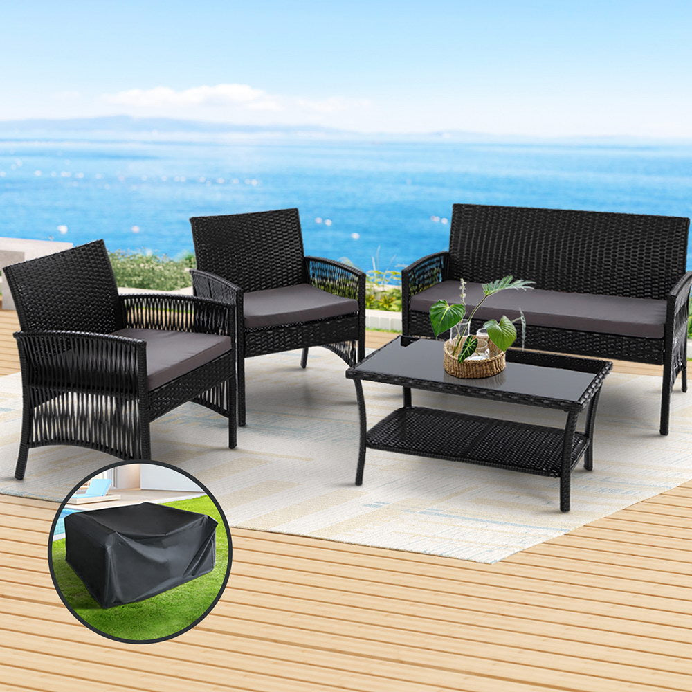 4PCS OutdoorSofa Set with Storage Cover Wicker Harp Chair Table Black