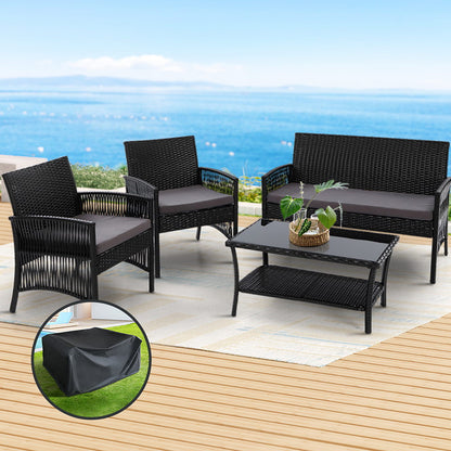 4PCS OutdoorSofa Set with Storage Cover Wicker Harp Chair Table Black