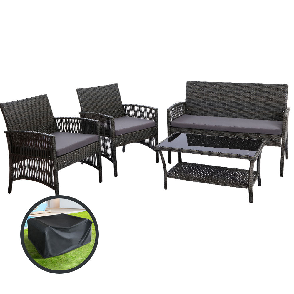 4PCS Harp Wicker Outdoor Sofa Set with Storage Cover - Grey