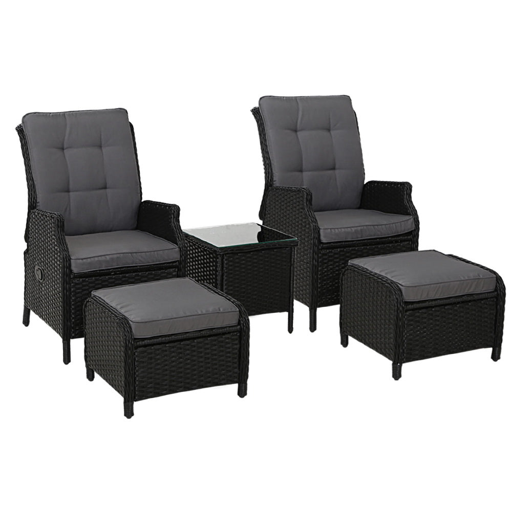 5PC Outdoor Wicker Recliner Chair & Table Sun lounge - Black
