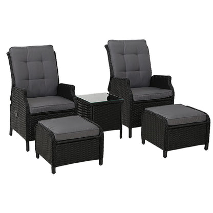 5PC Outdoor Wicker Recliner Chair & Table Sun lounge - Black
