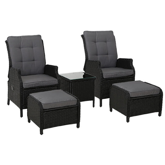 5PC Outdoor Wicker Recliner Chair & Table Sun lounge - Black