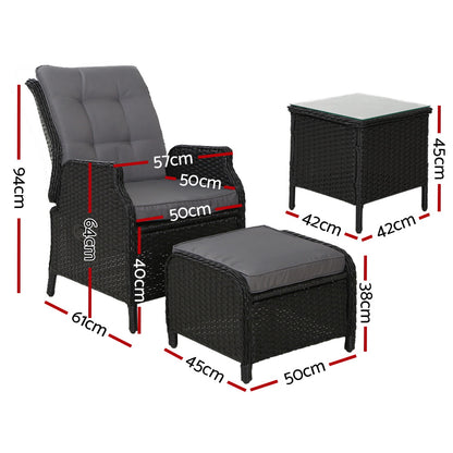 5PC Outdoor Wicker Recliner Chair & Table Sun lounge - Black