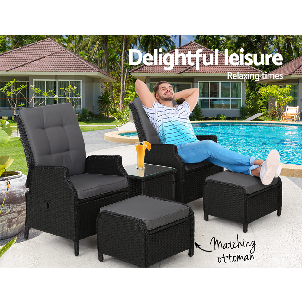 5PC Outdoor Wicker Recliner Chair & Table Sun lounge - Black