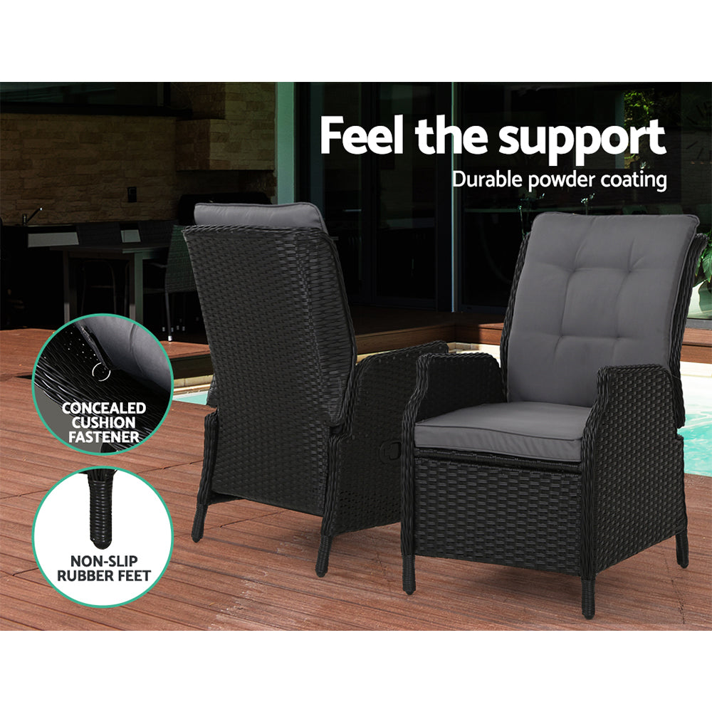 5PC Outdoor Wicker Recliner Chair & Table Sun lounge - Black