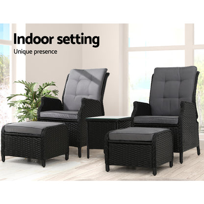5PC Outdoor Wicker Recliner Chair & Table Sun lounge - Black