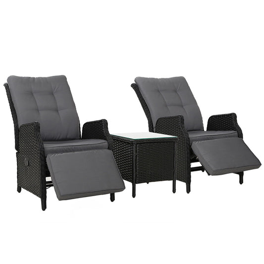3PC Outdoor Wicker Recliner Chairs & Table Sun lounge - Black