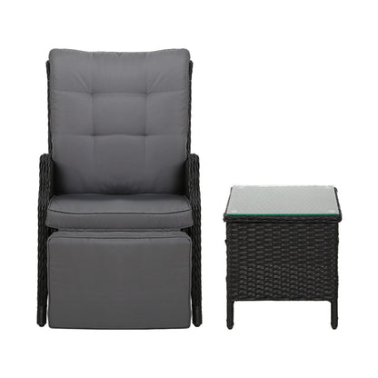 3PC Outdoor Wicker Recliner Chairs & Table Sun lounge - Black