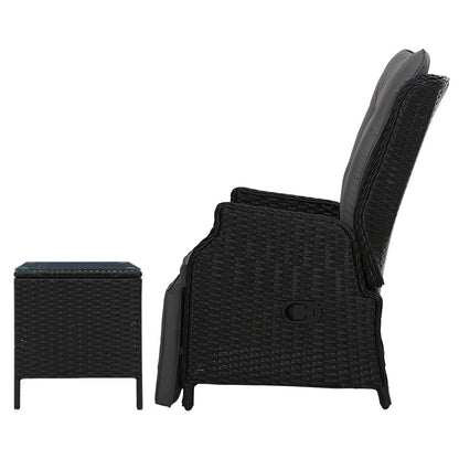 3PC Outdoor Wicker Recliner Chairs & Table Sun lounge - Black