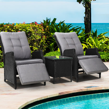 3PC Outdoor Wicker Recliner Chairs & Table Sun lounge - Black