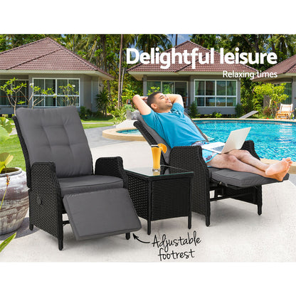 3PC Outdoor Wicker Recliner Chairs & Table Sun lounge - Black