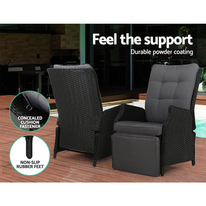 3PC Outdoor Wicker Recliner Chairs & Table Sun lounge - Black