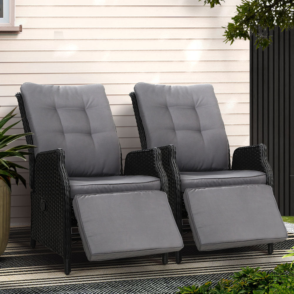 2PC Outdoor Wicker Recliner Chairs Sun lounge - Black