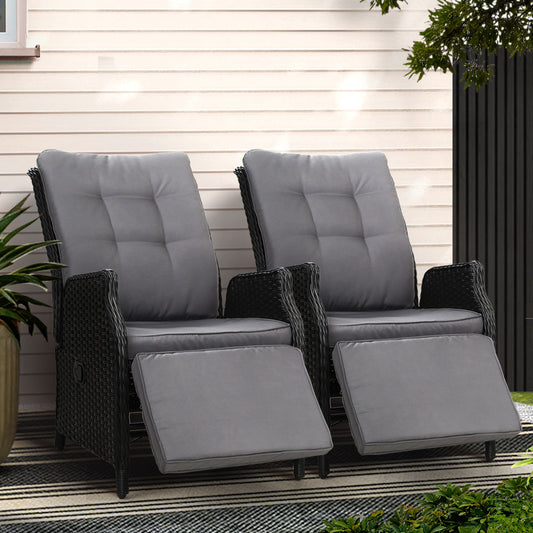 2PC Outdoor Wicker Recliner Chairs Sun lounge - Black