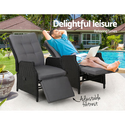 2PC Outdoor Wicker Recliner Chairs Sun lounge - Black