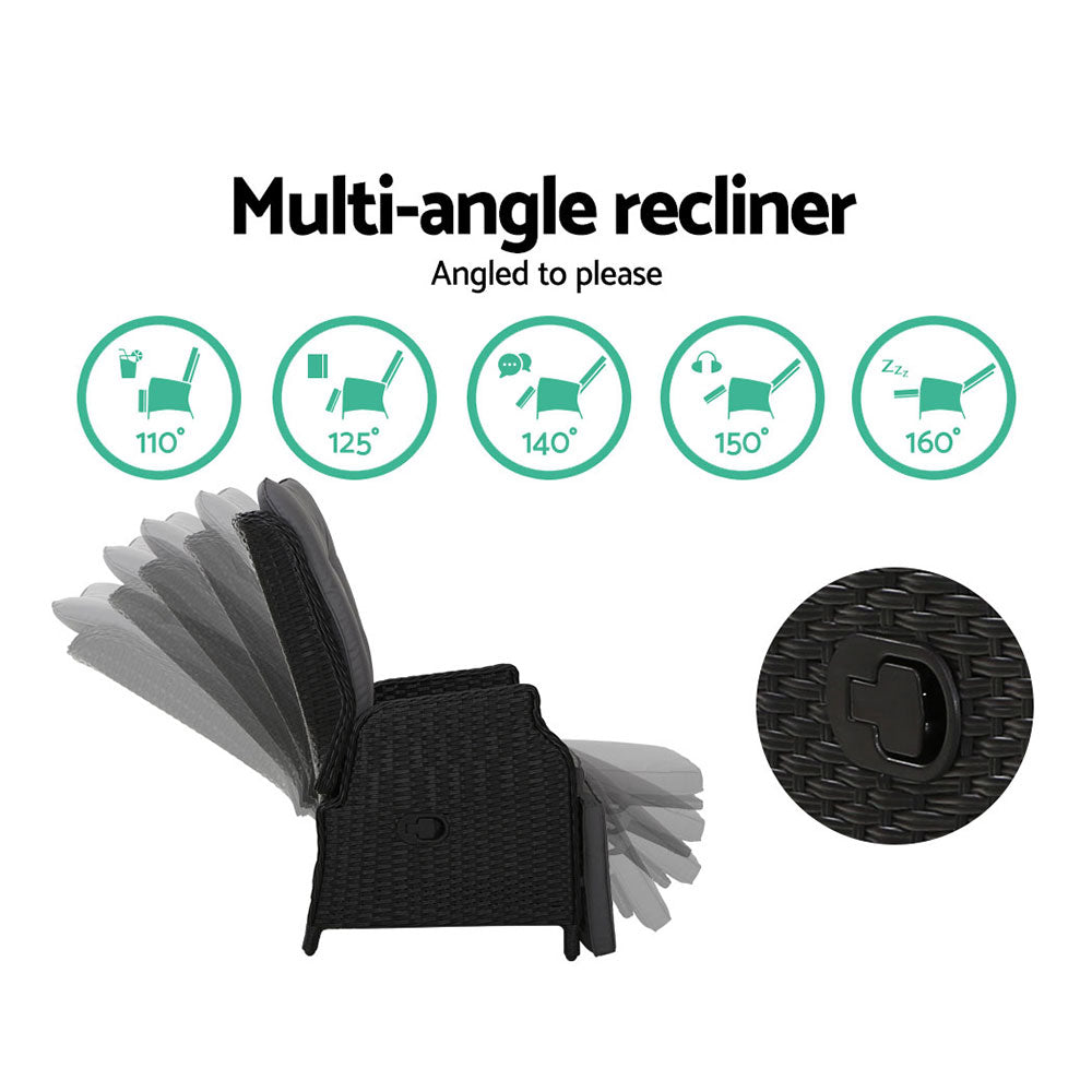 2PC Outdoor Wicker Recliner Chairs Sun lounge - Black