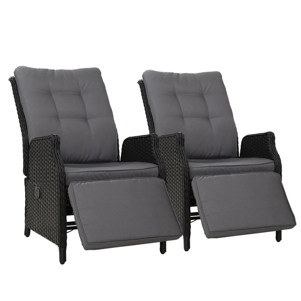 2PC Outdoor Wicker Recliner Chairs Sun lounge - Black
