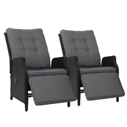 2PC Outdoor Wicker Recliner Chairs Sun lounge - Black