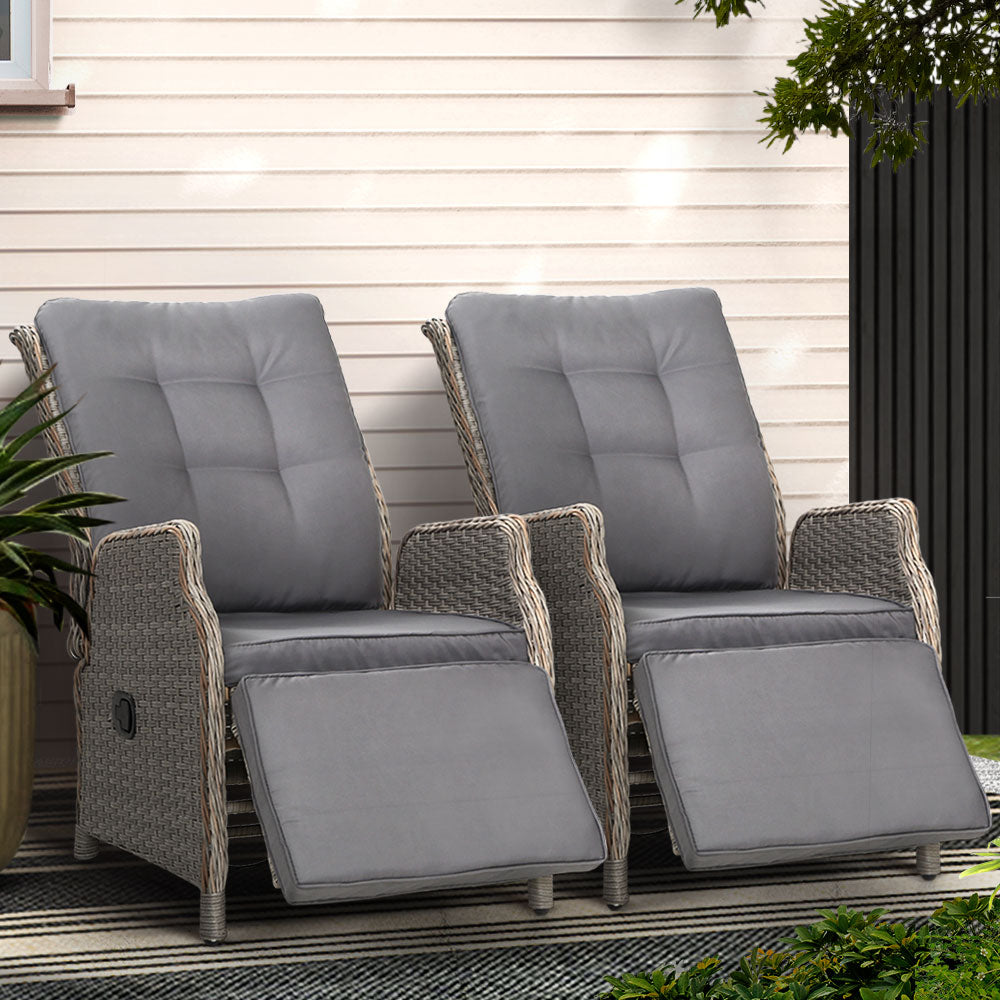 2PC Outdoor Wicker Recliner Chairs Sun lounge - Grey