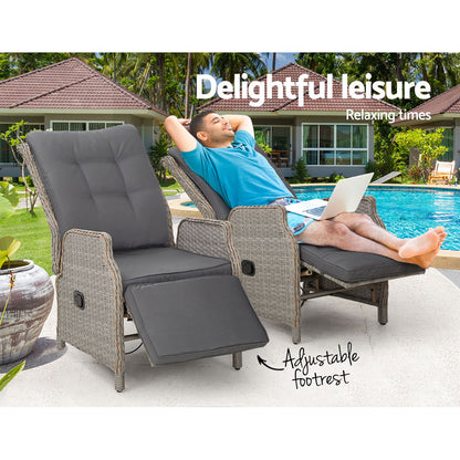 2PC Outdoor Wicker Recliner Chairs Sun lounge - Grey