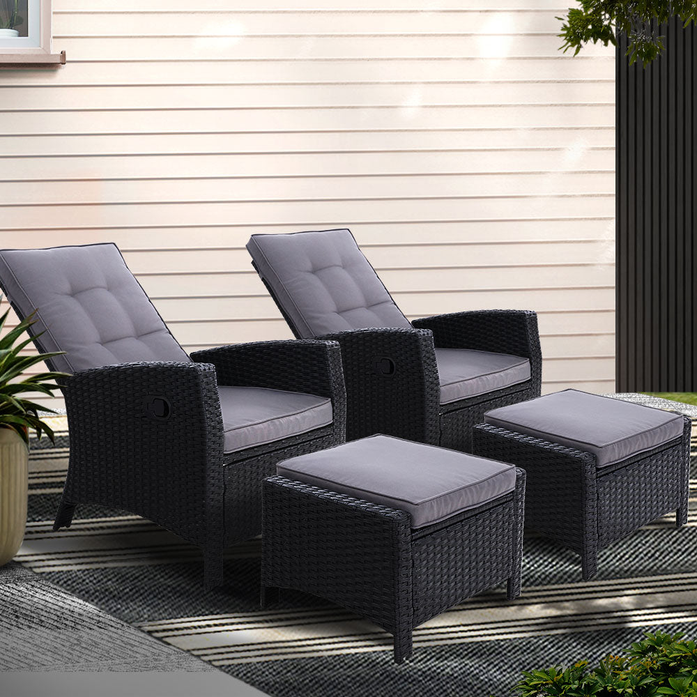 2PC Wicker Recliner Chair Sun Lounge - Black