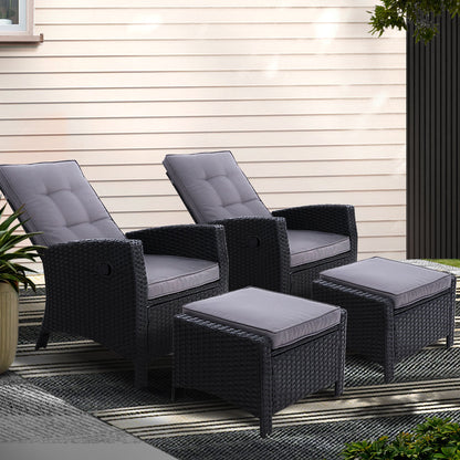2PC Wicker Recliner Chair Sun Lounge - Black