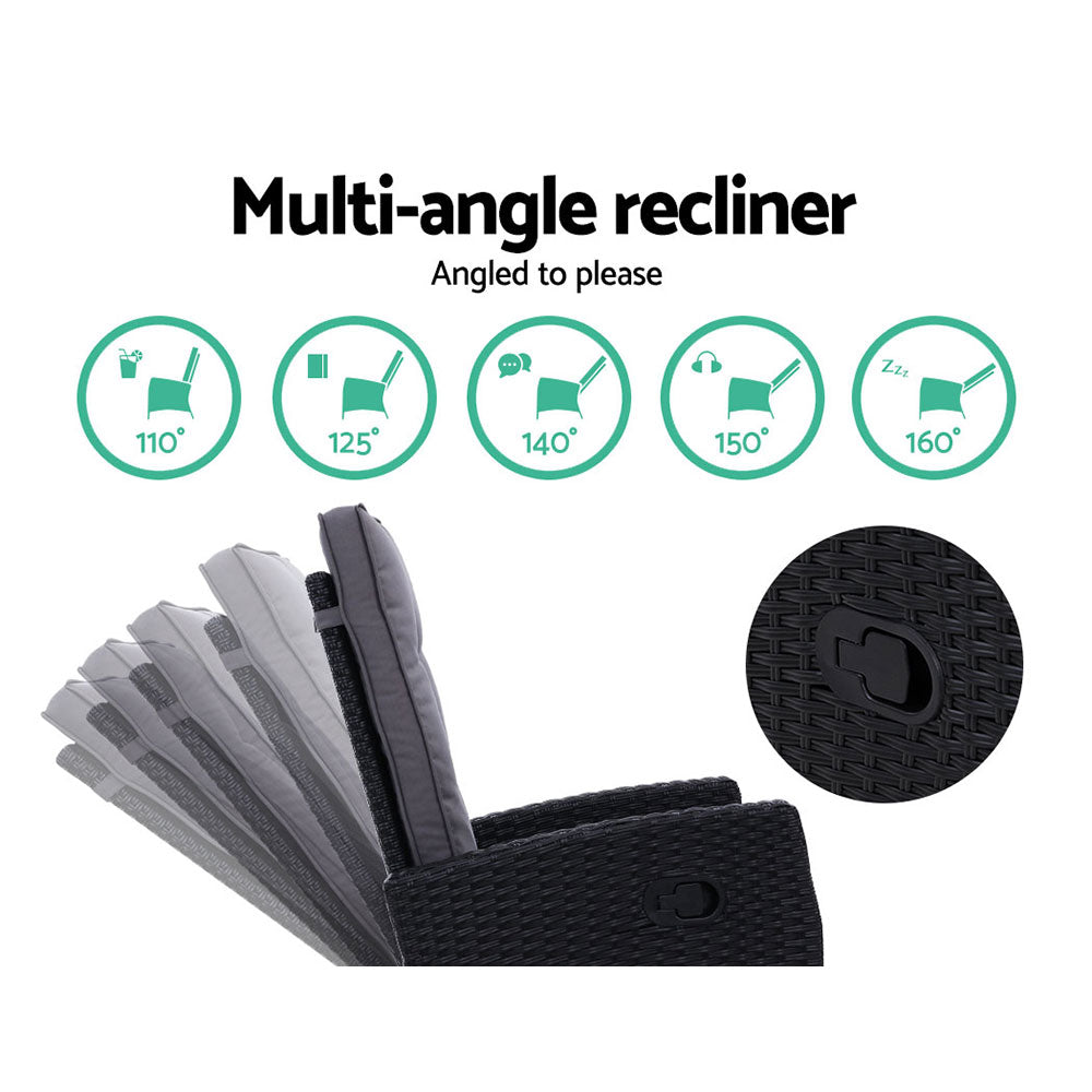 2PC Wicker Recliner Chair Sun Lounge - Black