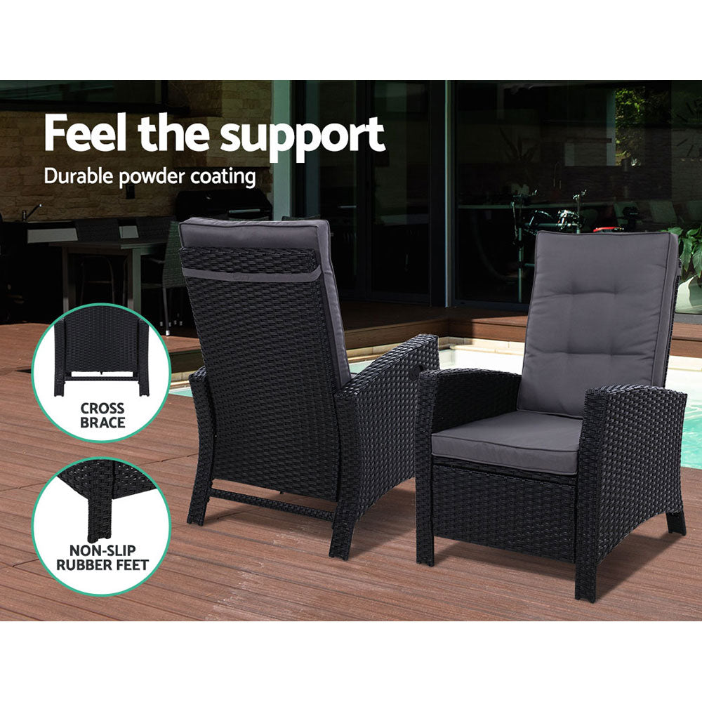 2PC Wicker Recliner Chair Sun Lounge - Black