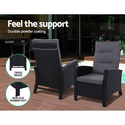 2PC Wicker Recliner Chair Sun Lounge - Black