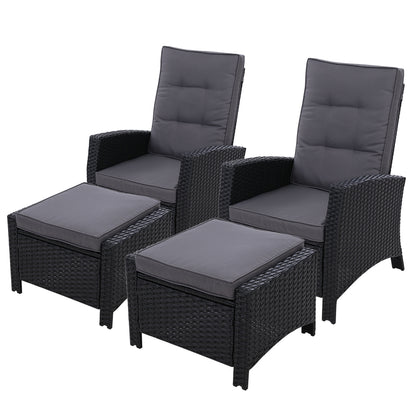 2PC Wicker Recliner Chair Sun Lounge - Black