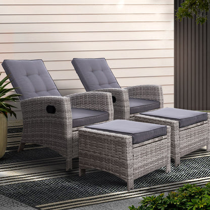 2PC Wicker Recliner Chair Sun lounge - Grey