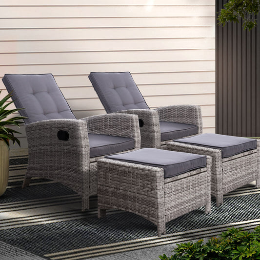 2PC Wicker Recliner Chair Sun lounge - Grey