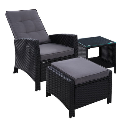 3PC Wicker Recliner Chair & Table Sun lounge - Black