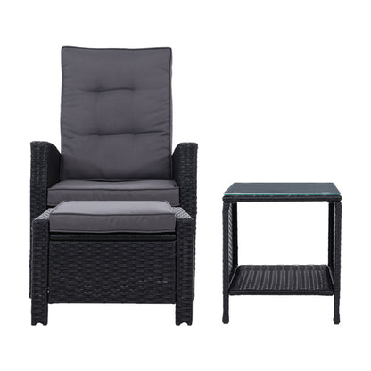 3PC Wicker Recliner Chair & Table Sun lounge - Black