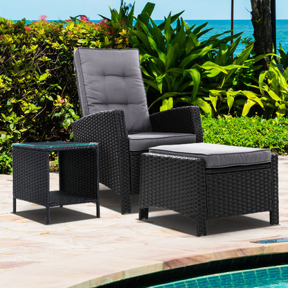 3PC Wicker Recliner Chair & Table Sun lounge - Black