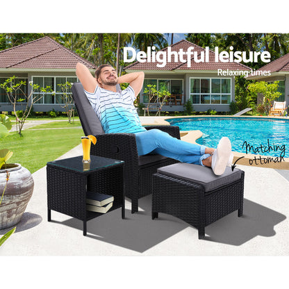 3PC Wicker Recliner Chair & Table Sun lounge - Black
