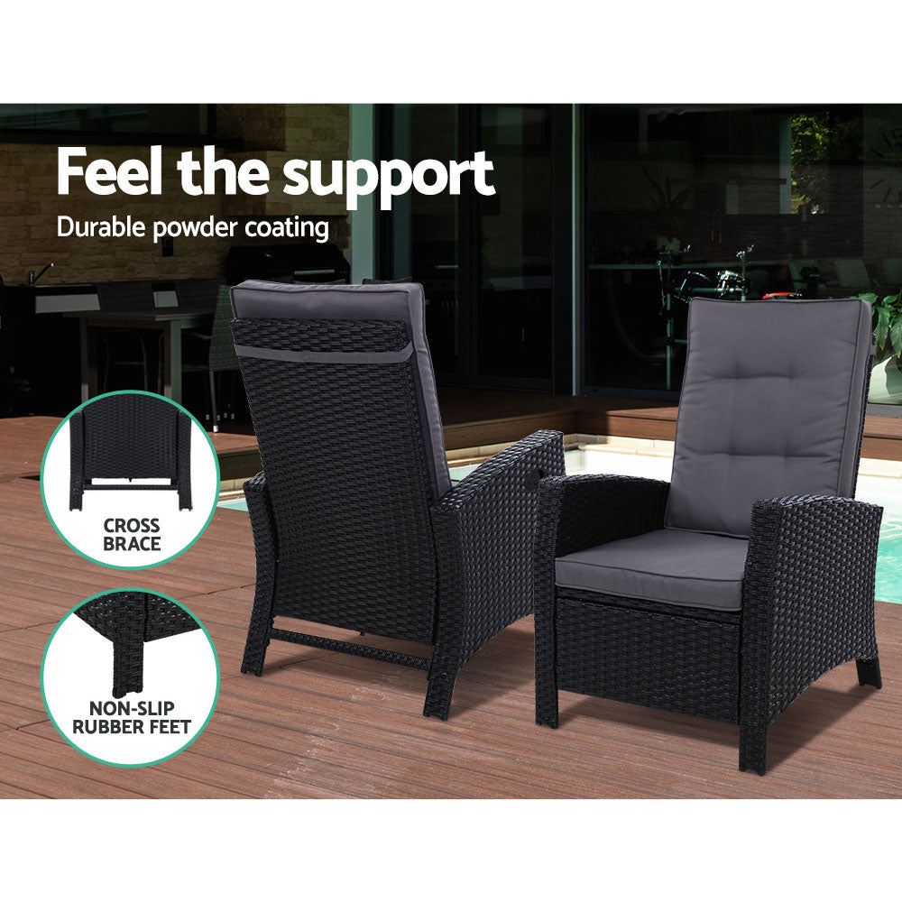 3PC Wicker Recliner Chair & Table Sun lounge - Black
