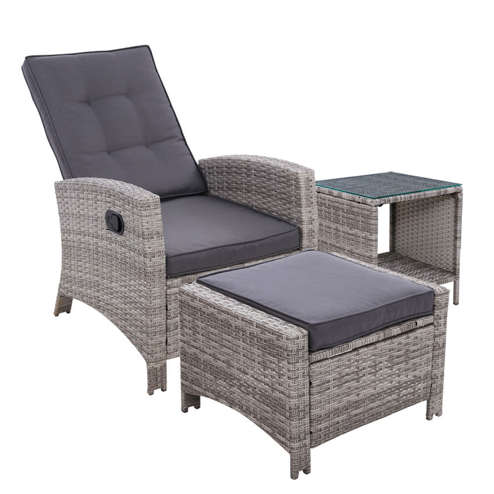 3PC Wicker Recliner Chair & Table Sun lounge - Grey
