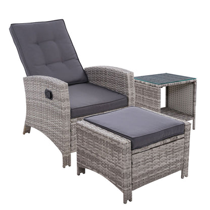 3PC Wicker Recliner Chair & Table Sun lounge - Grey
