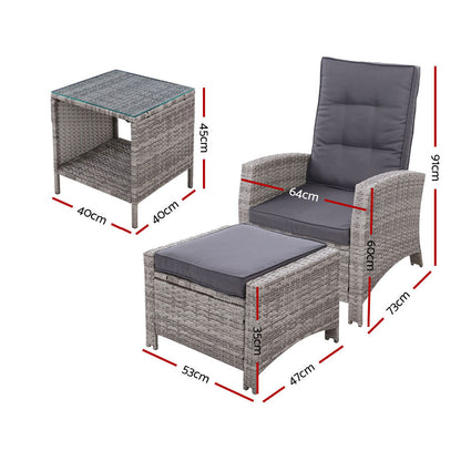 3PC Wicker Recliner Chair & Table Sun lounge - Grey